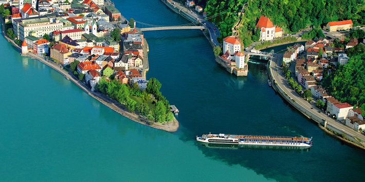 A river cruise ship crossing the point where the River Danube meets the sea