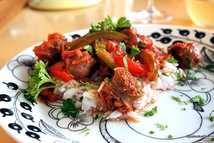 A plate of Hungarian lecso served on a bed of rice