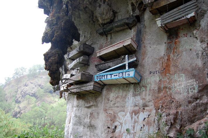 Hanging coffins suspended from a cliff on the Yangtze river