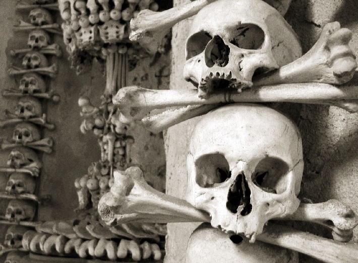 Human skulls and bones lining the walls in the Sedlec Ossuary in the Czech Republic