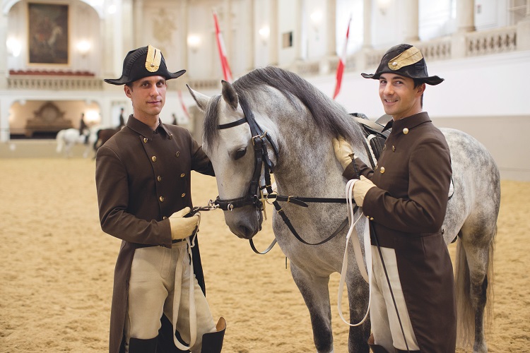 Horse trainers standing with a dapple grey lipizzaner at the Spanish Riding School in Vienna